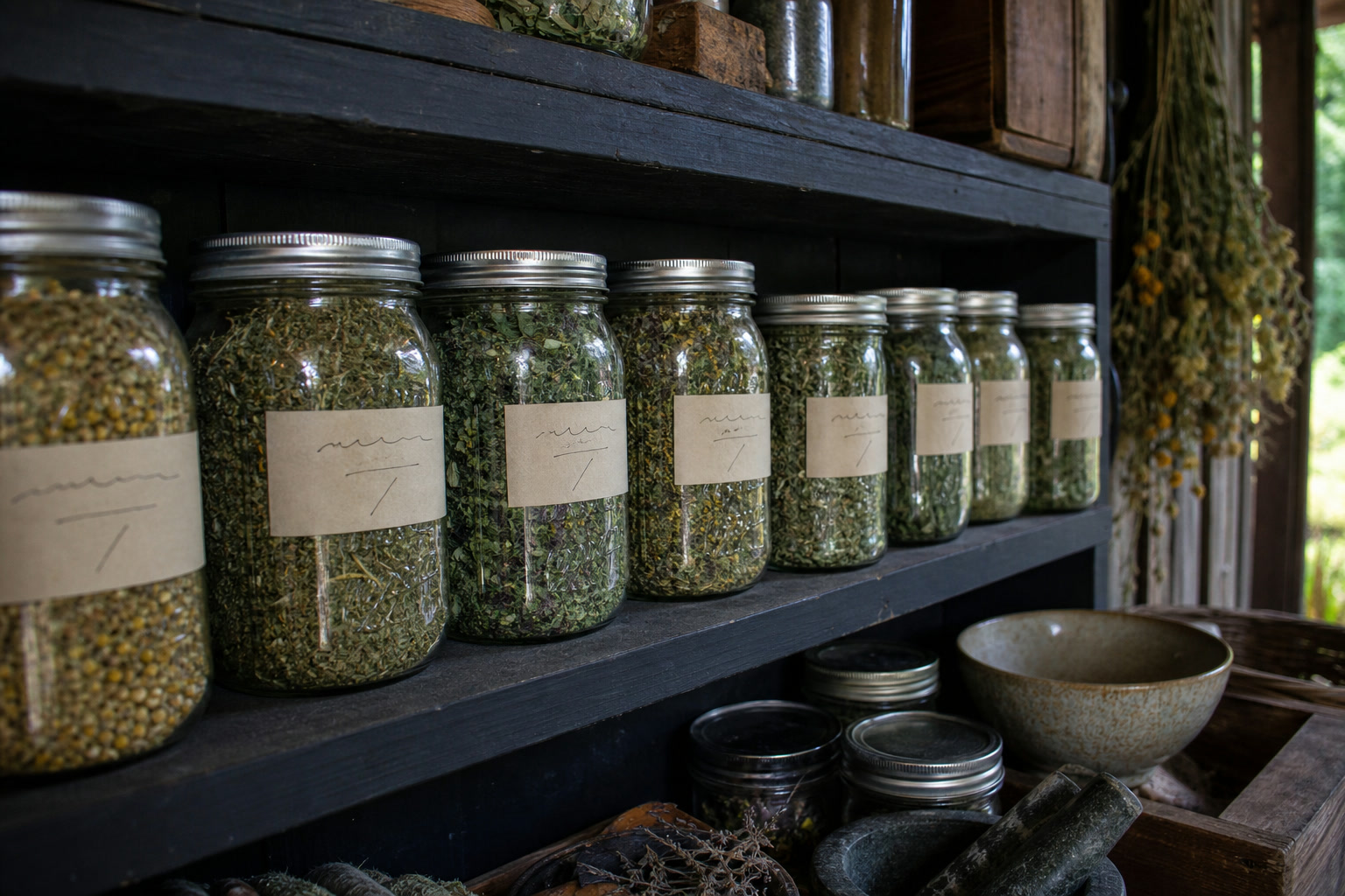 Air-Drying vs. a Dehydrator: Preserving Wild Herbs for Winter — labeled jars