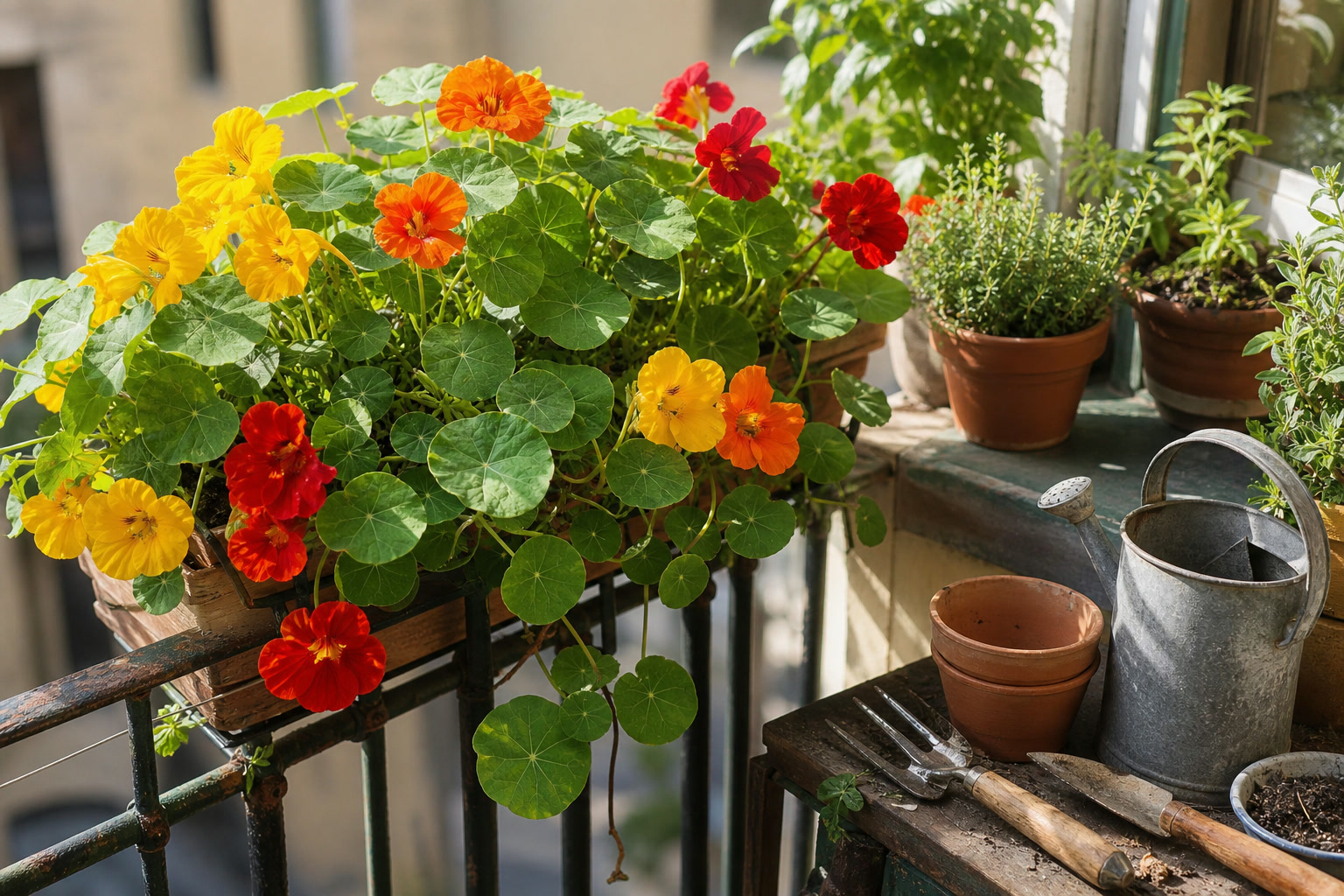 The Best Edible Flowers for Beginners to Grow in Pots — nasturtiums railing