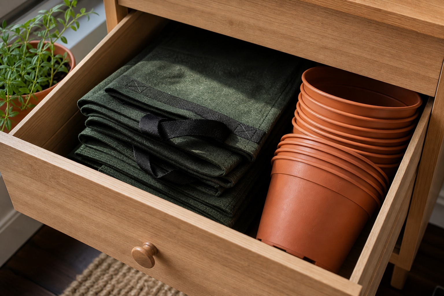 Fabric Grow Bags vs. Plastic Pots: Which Should You Use? — storage contrast