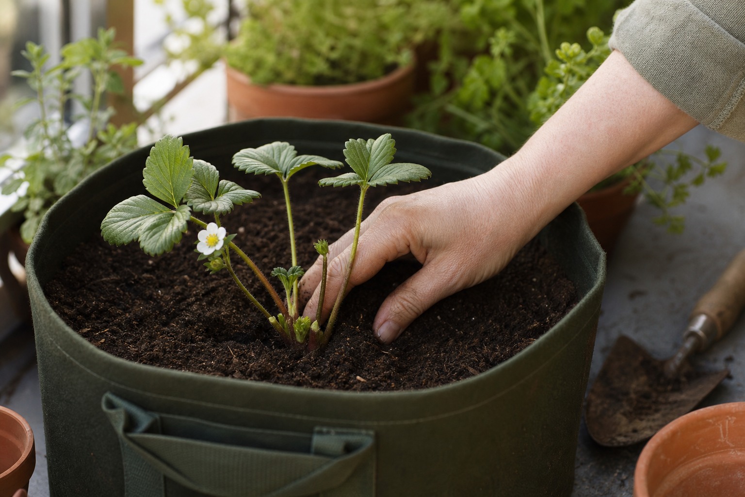 How to Grow Strawberries in Grow Bags on a Balcony — fill bag
