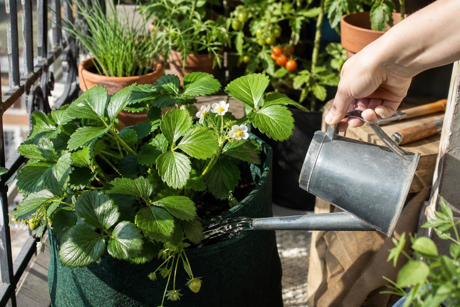 How to Grow Strawberries in Grow Bags on a Balcony — sun water
