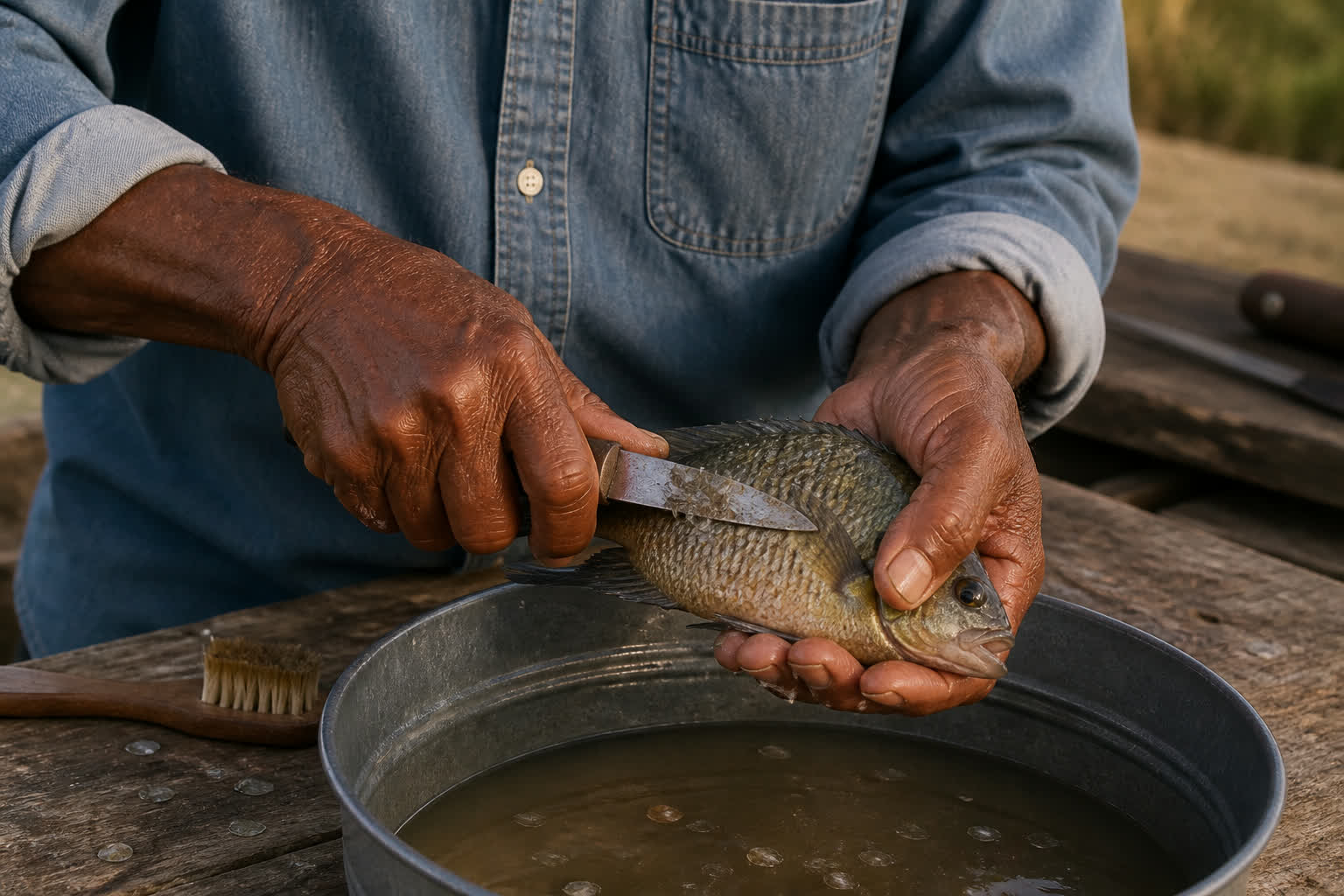 How to Clean a Fish for Beginners (Bream and Catfish) — scaling bream