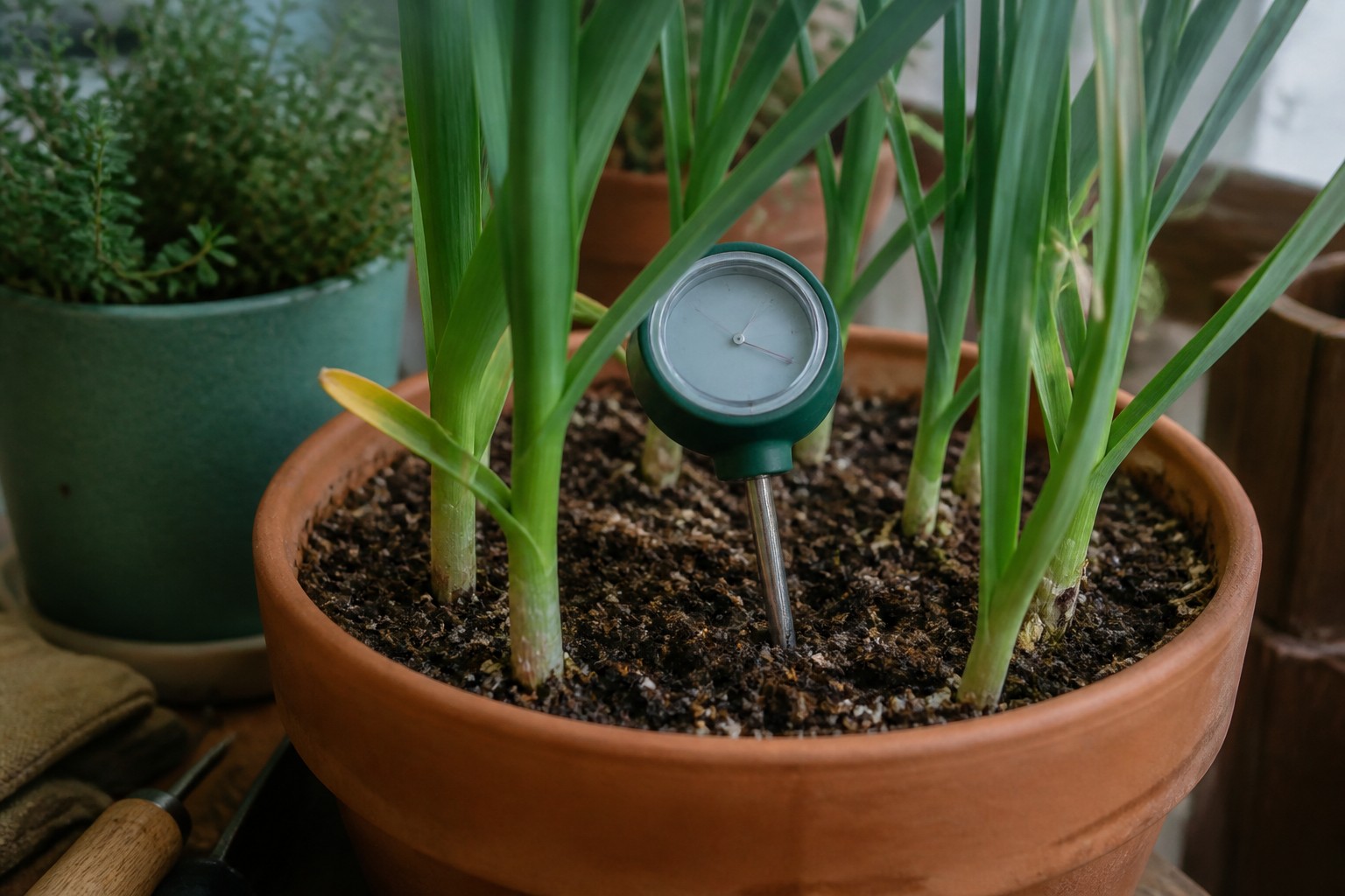 How to Grow Garlic in Containers on a Balcony — moisture meter