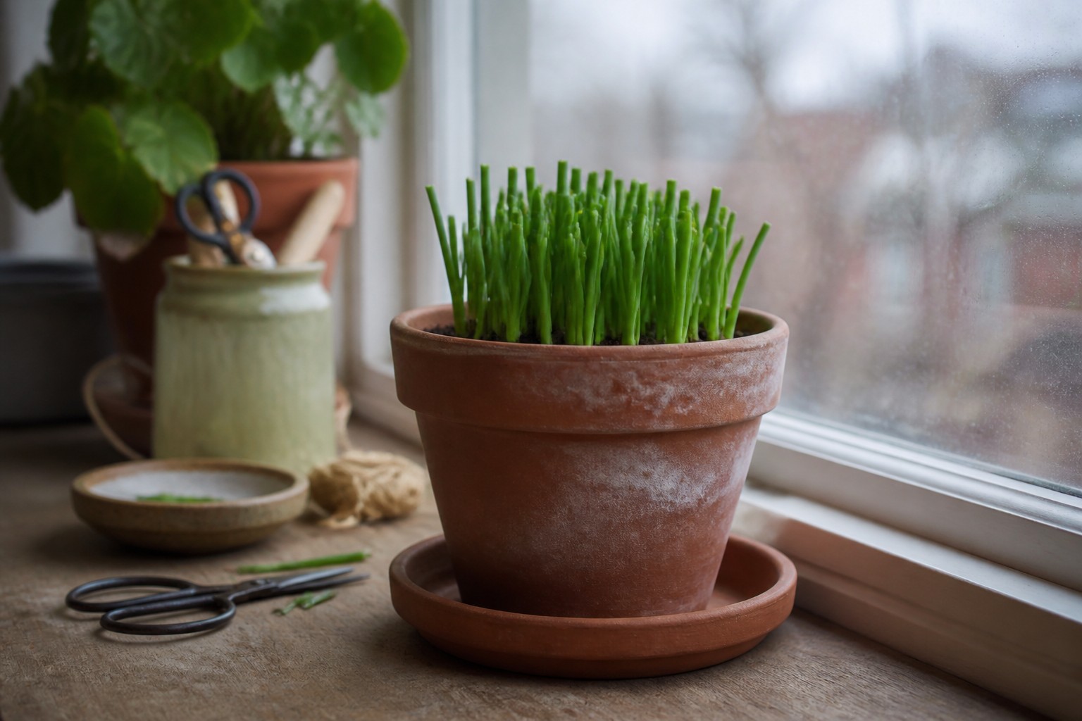 How to Grow Herbs Indoors in Winter on a Windowsill — chives cut in