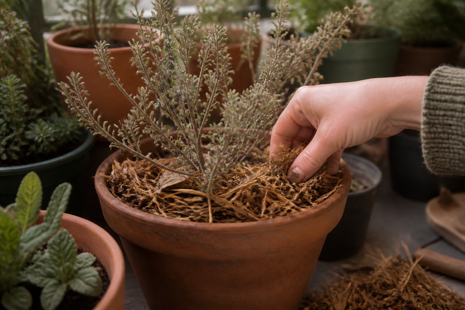How to Overwinter Container Plants on a Small Balcony — mulch top