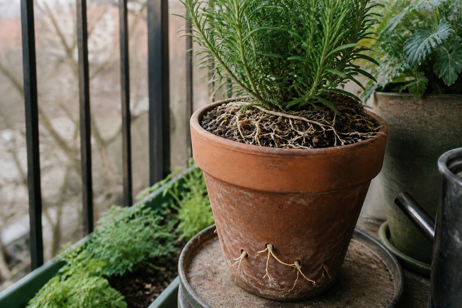 How to Repot a Root-Bound Container Plant on a Balcony — escaping roots