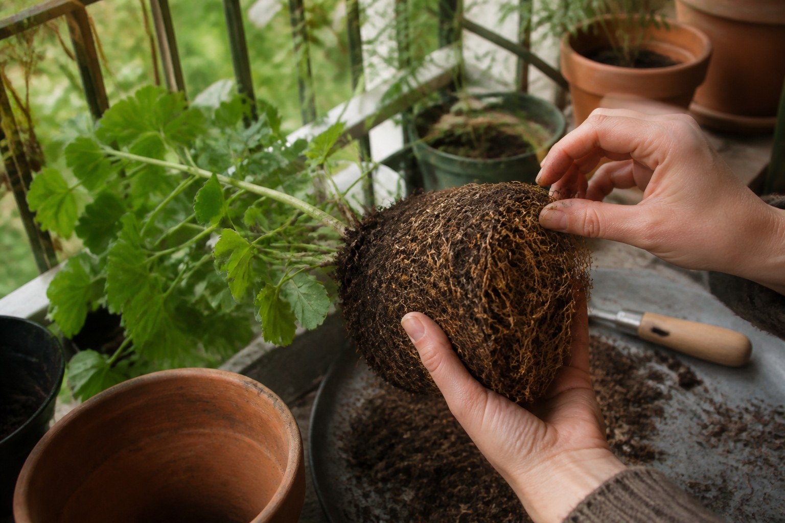 How to Repot a Root-Bound Container Plant on a Balcony — tease roots