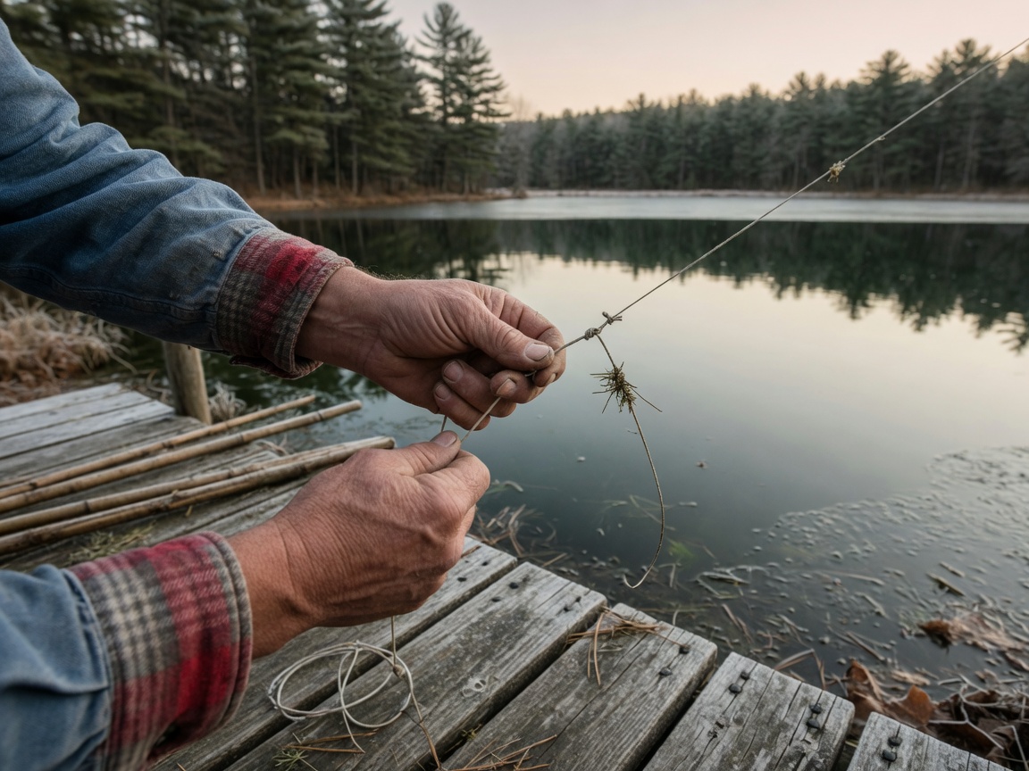 How to Fish a Farm Pond in Winter, Step by Step — hands tying