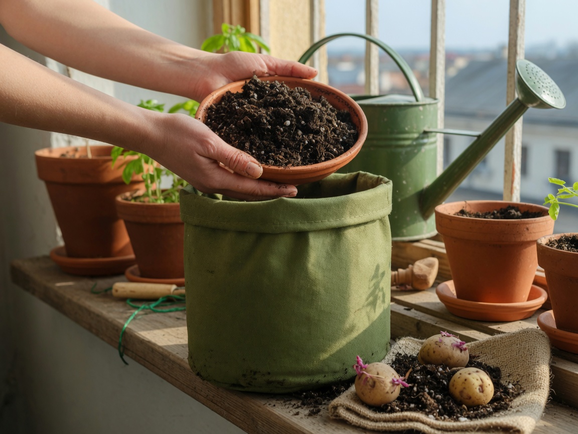 How to Grow Potatoes in Grow Bags on a Balcony — filling bag