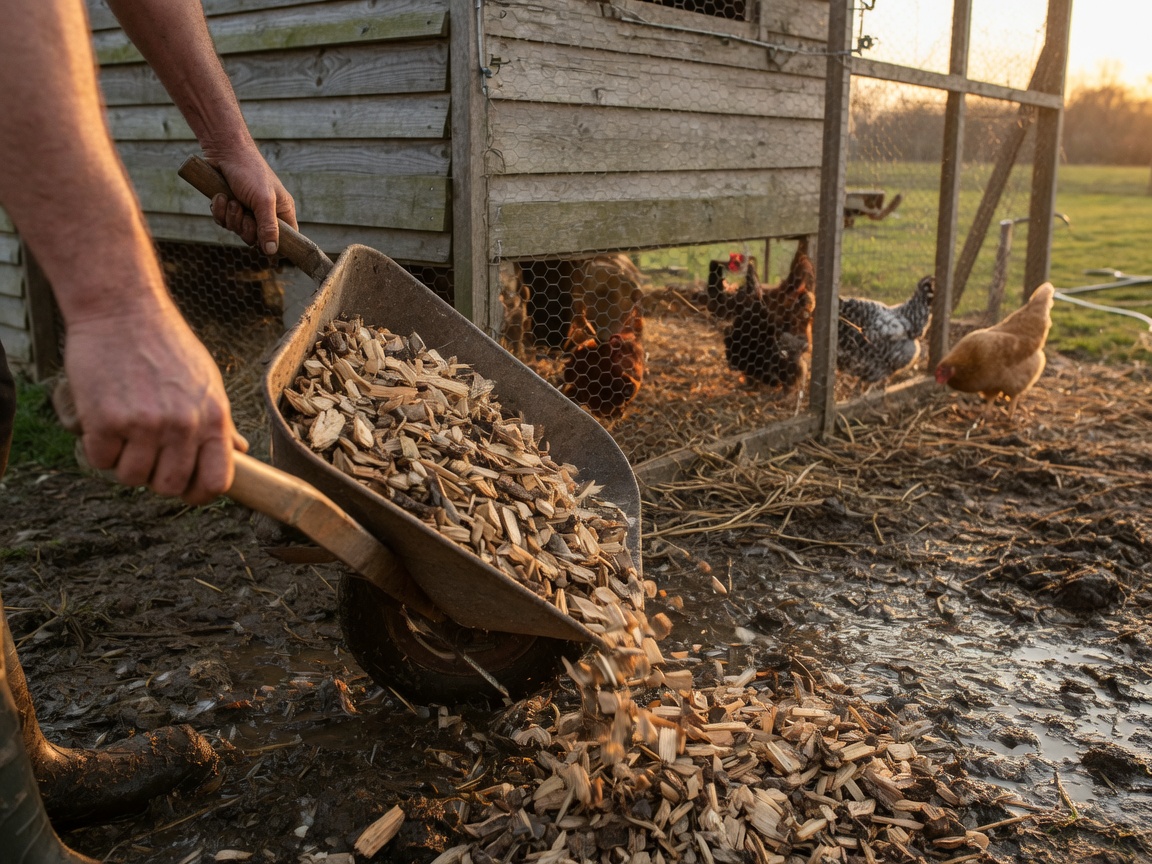 How to Keep a Chicken Run from Turning to Mud — spreading chips