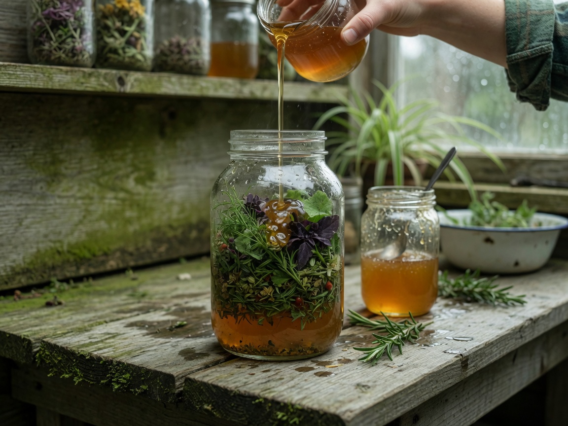 How to Make an Herbal Oxymel (Honey and Vinegar) — pouring vinegar
