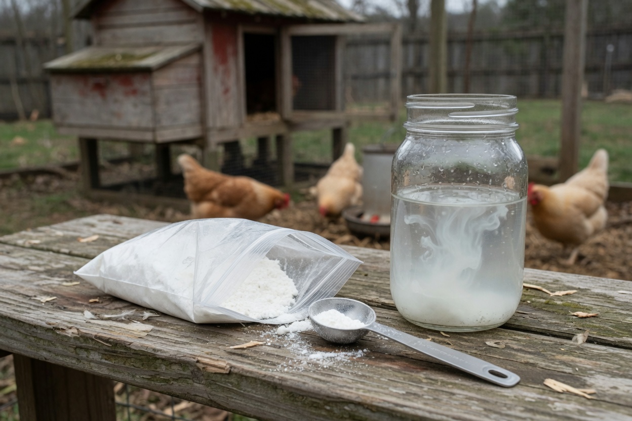 Poultry electrolyte powder and a jar of clean water on a potting bench