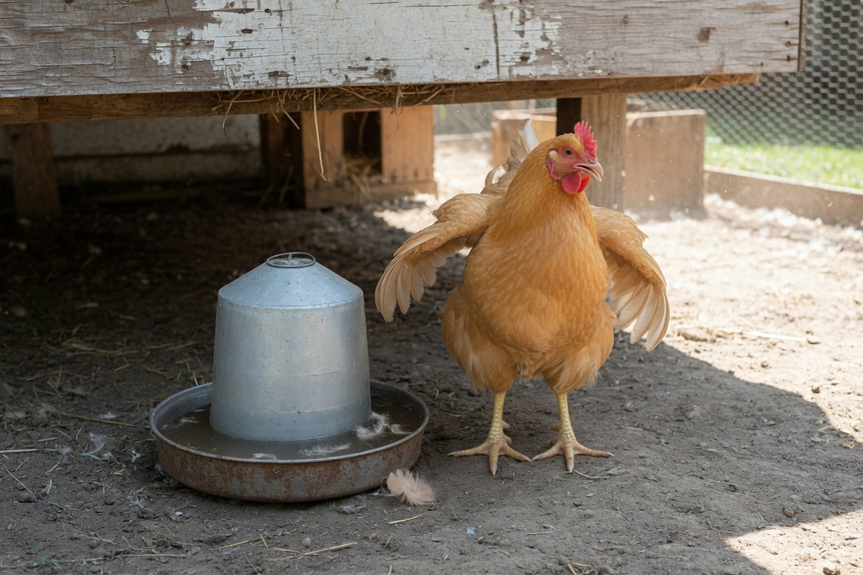 A Buff Orpington hen panting in the shade on a hot day beside a waterer