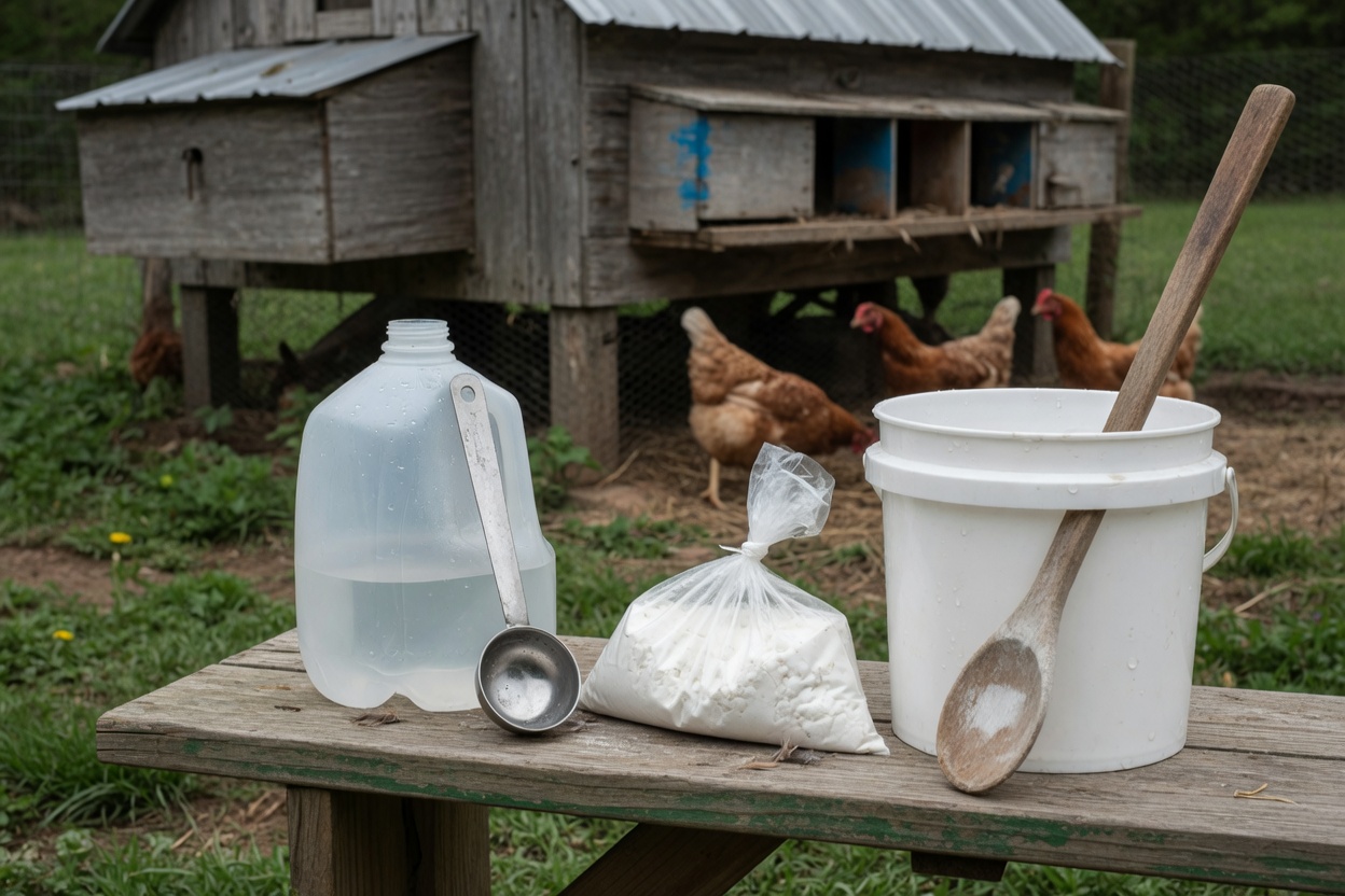 Mixing a fresh batch of electrolyte water in a clean bucket outside the coop