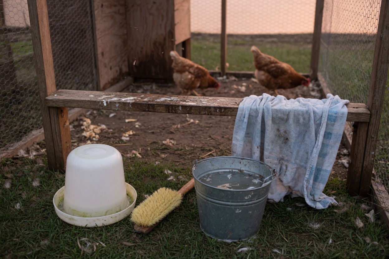 Rinsing out the waterer in the evening, with a cool damp towel on the shady perch
