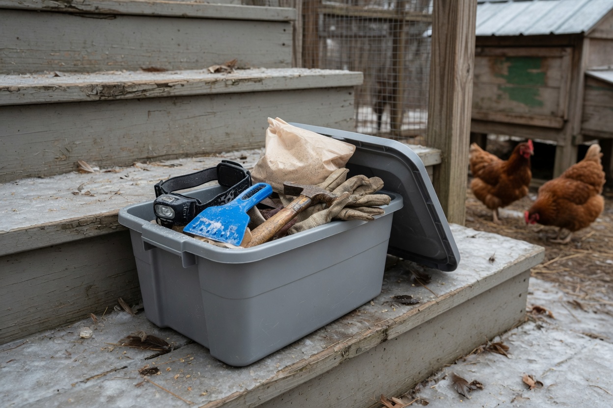 A storm bin by the back steps with headlamp, scraper, hammer, gloves and sand