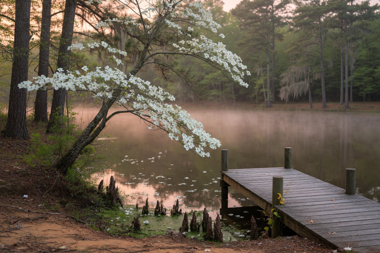 Dogwood in full bloom over a misty farm pond on a spring morning