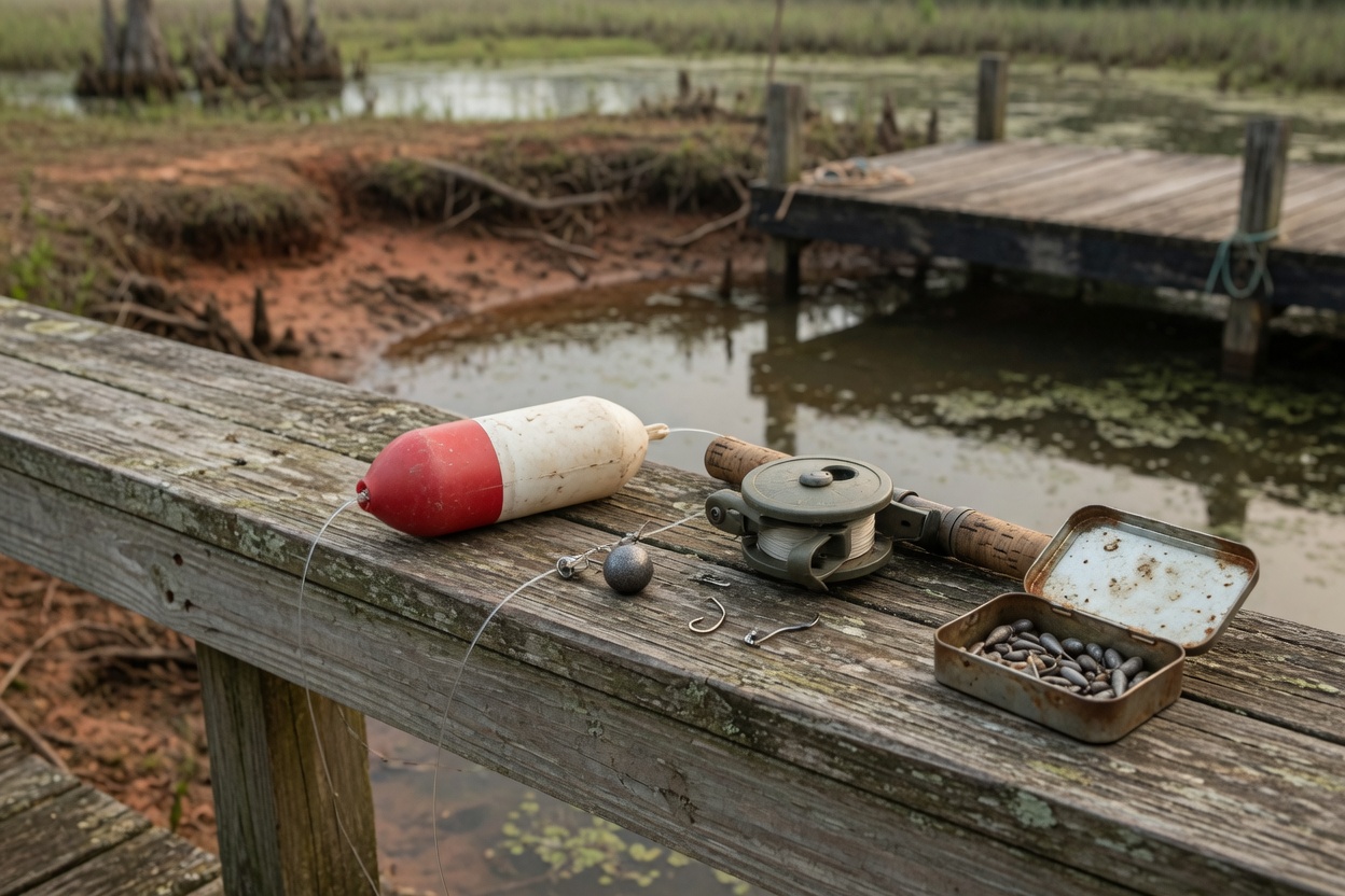 Snap-on float, split-shot and small hook rig laid out on a dock rail beside a spincast rod