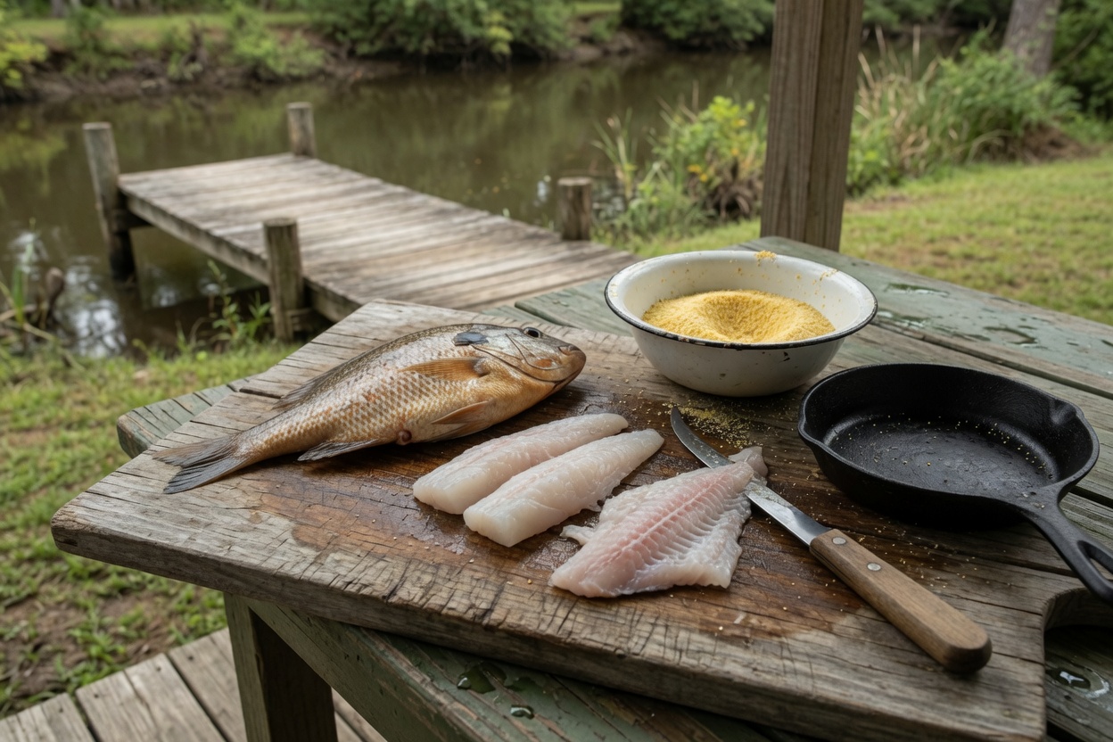 Pan-size redear sunfish and clean white fillets on a cleaning board with a fillet knife, cornmeal and a skillet