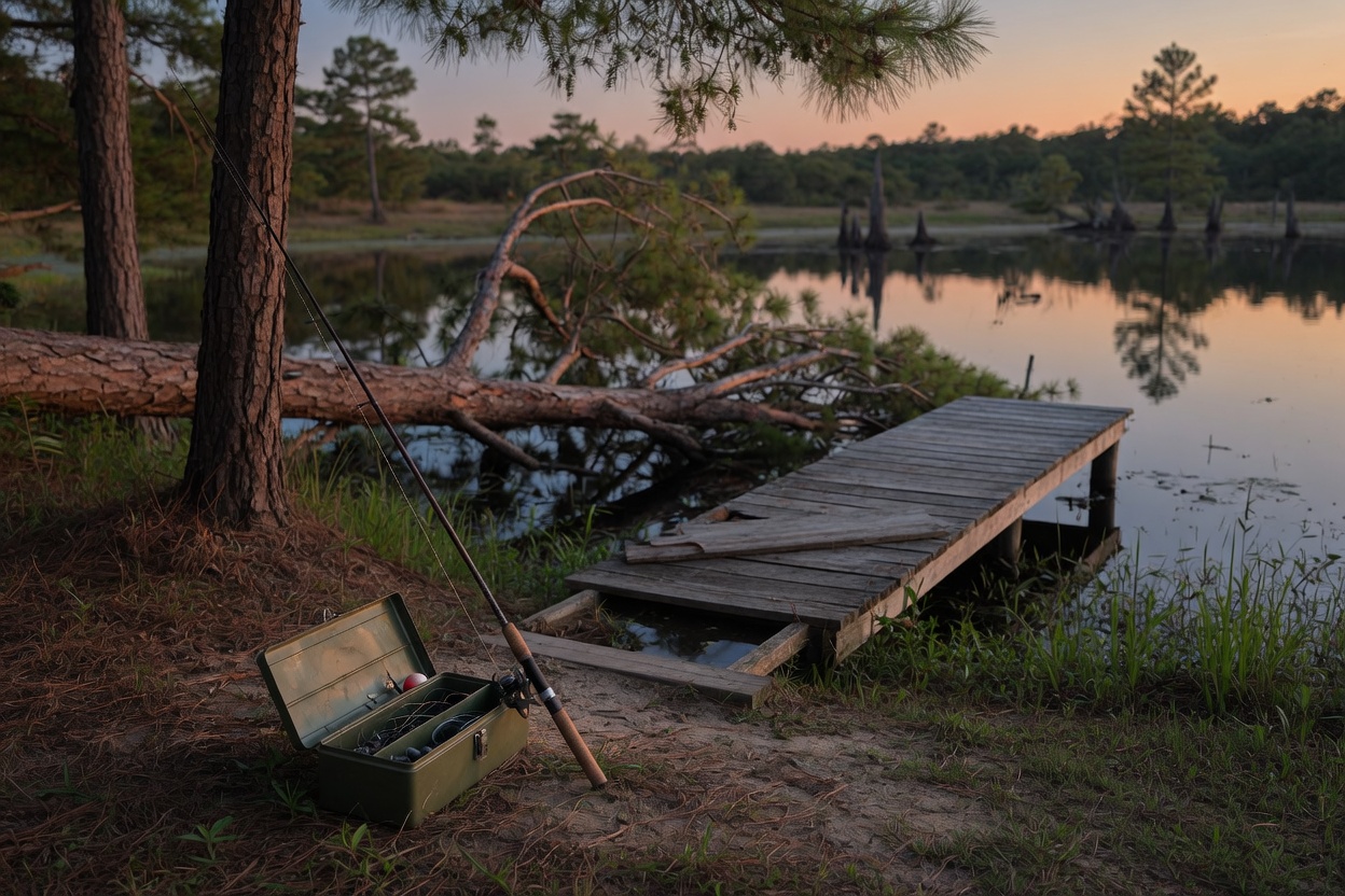 The shaded east bank with a fallen limb and dock an hour before sunset