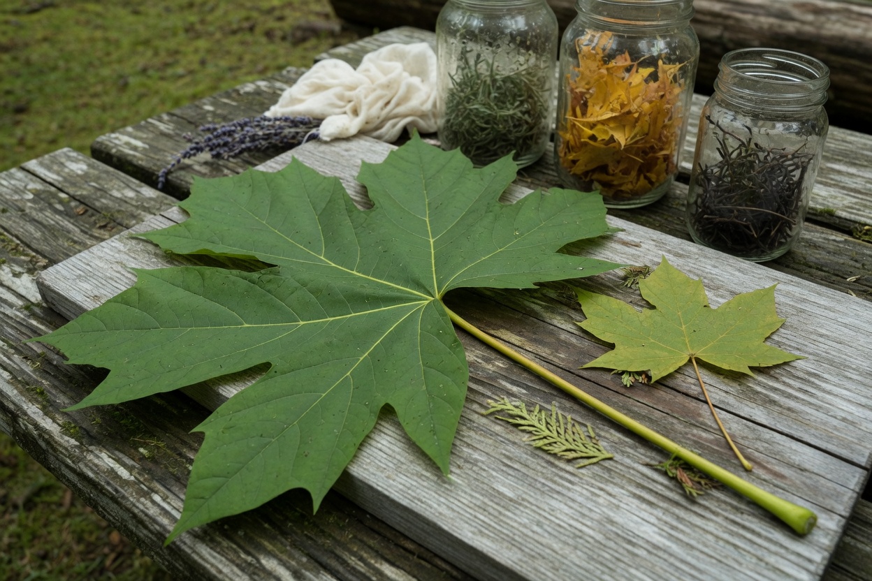A single giant bigleaf maple leaf laid flat on a board, showing its five deep lobes and long stalk