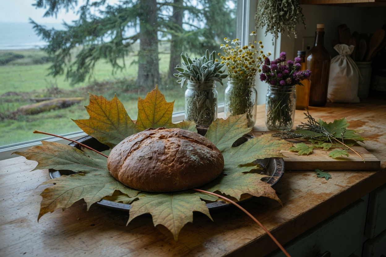A fresh loaf of bread baked on a bigleaf maple leaf lining the pan