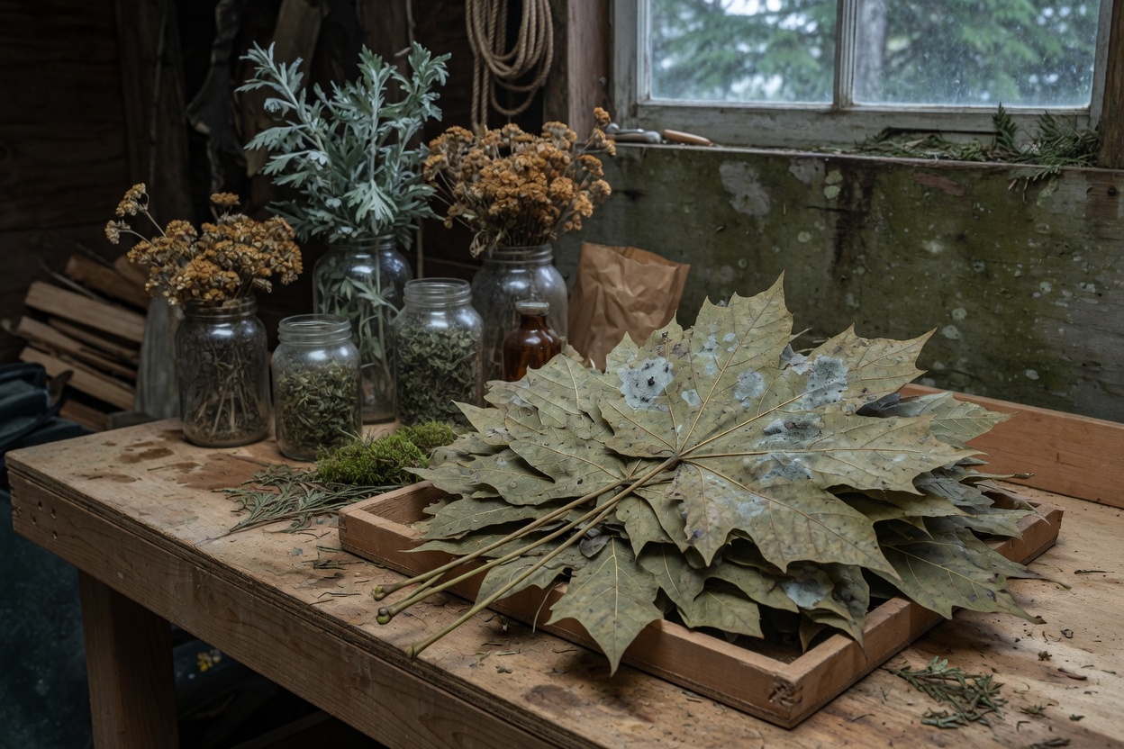A moldy stack of bigleaf maple leaves that were dried too thick in a damp garage