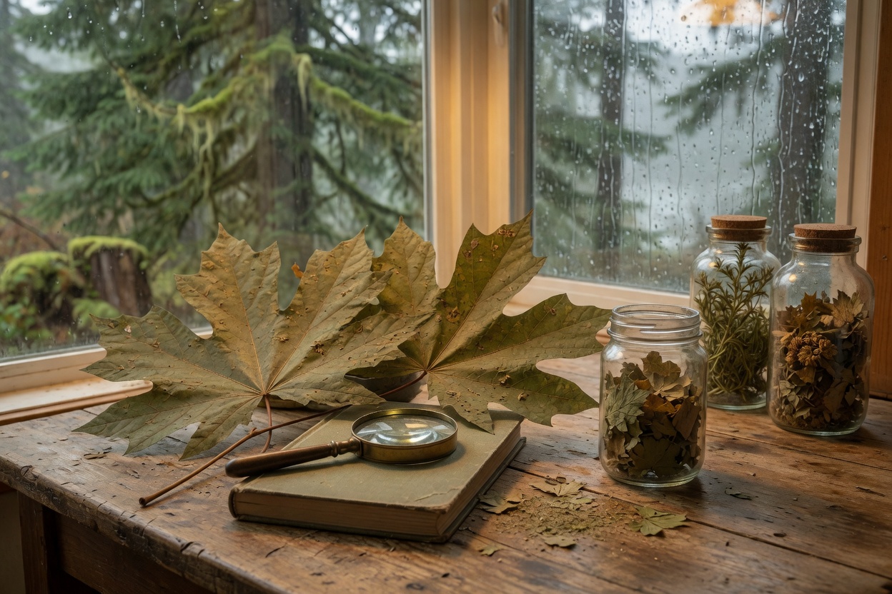 A pressed bigleaf maple leaf, a hand lens and a plain field book on a study table