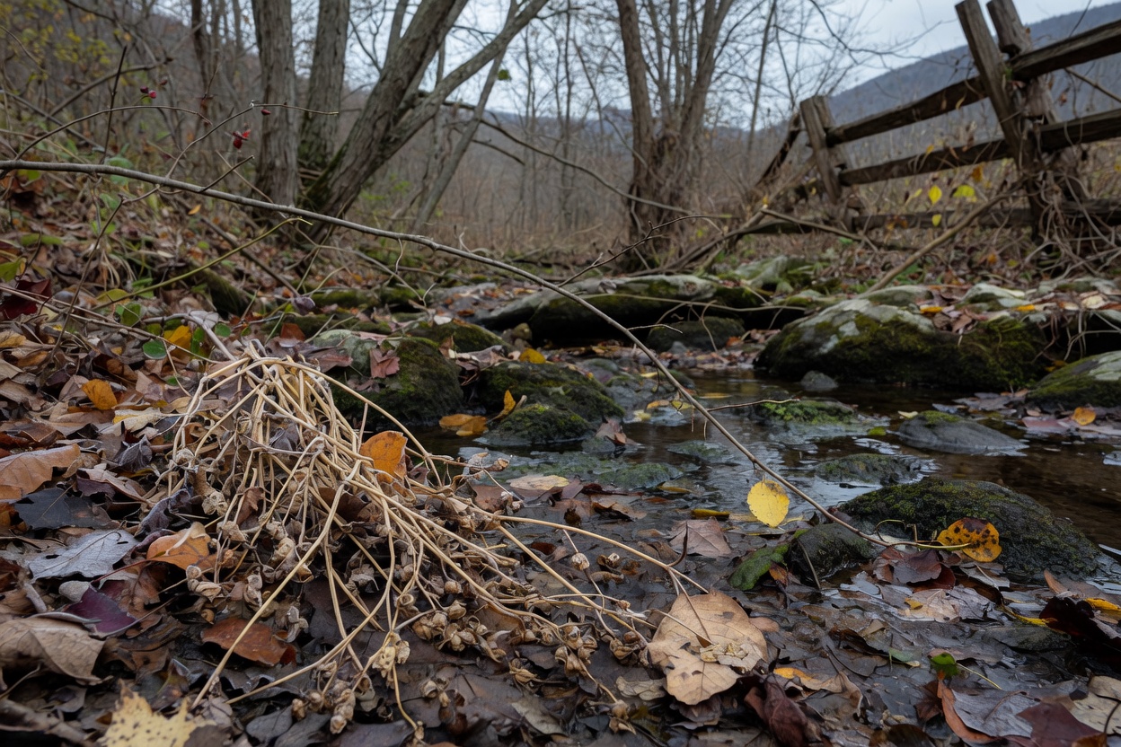 Frost-flattened jewelweed stalks on a creek bank in late October