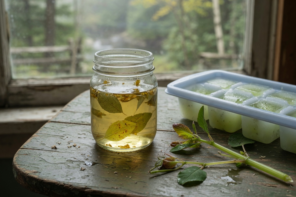 Jewelweed-infused oil and frozen juice cubes on a farmhouse table