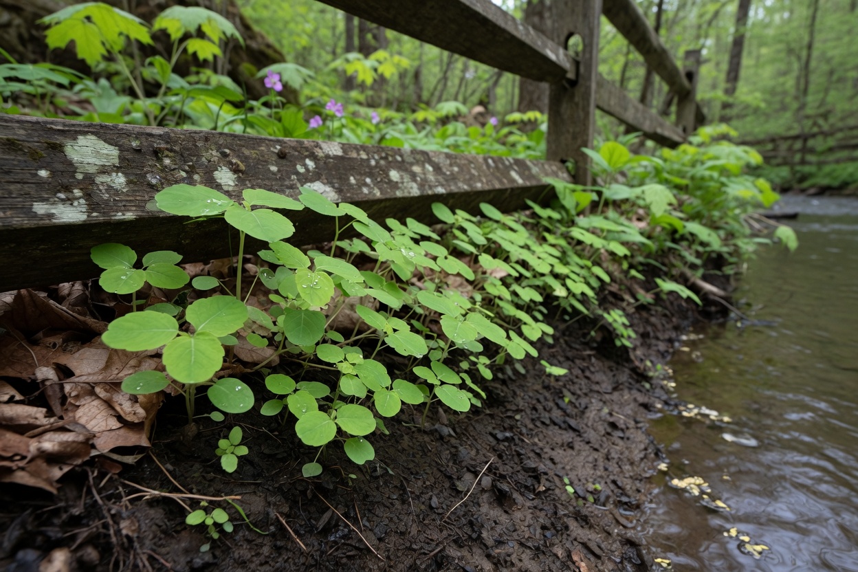 Young jewelweed seedlings emerging on a creek bank in late spring