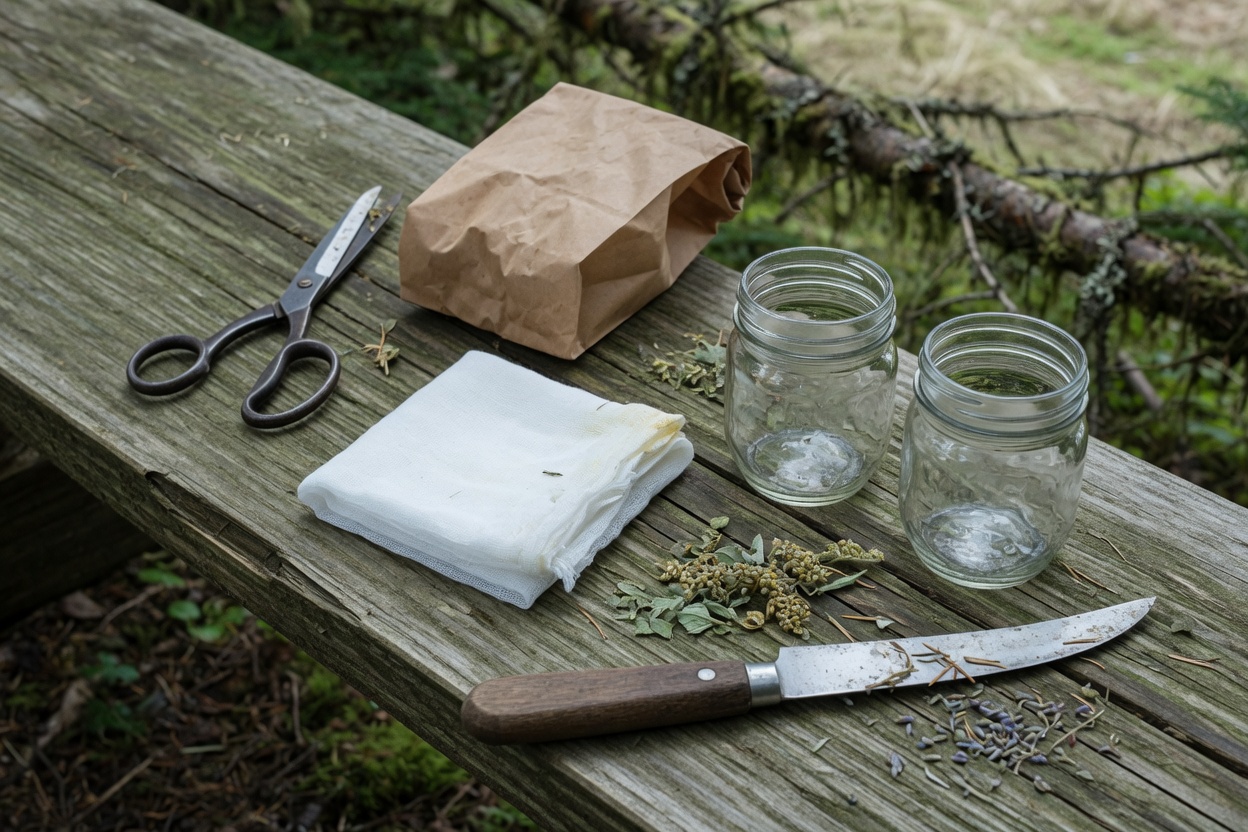 Scissors, a paper bag, cheesecloth, mason jars and a hori-hori on a cedar plank