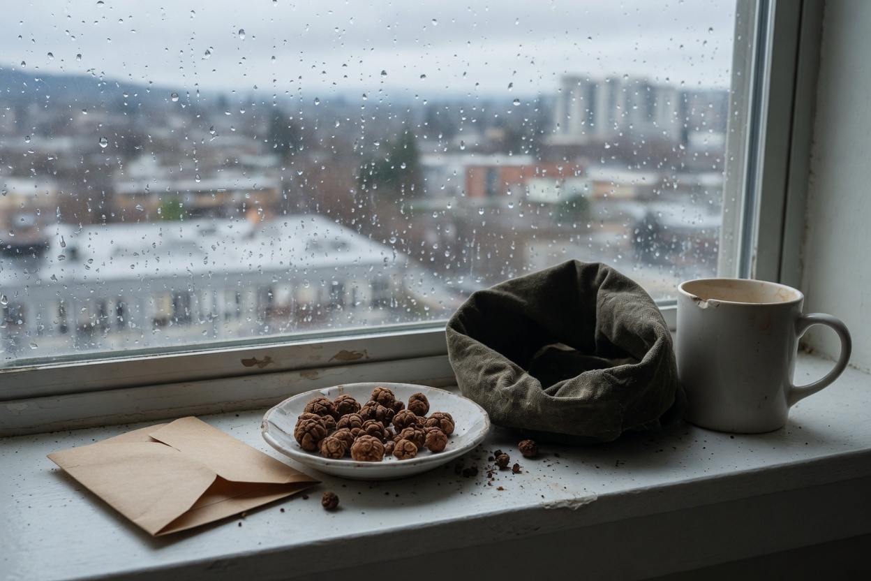 Beet seeds and a folded grow bag on a rainy winter windowsill