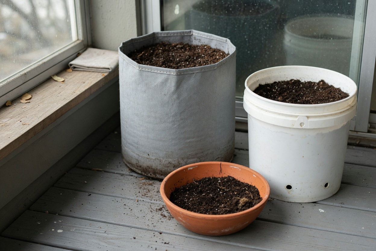 A deep fabric grow bag and a drilled bucket beside a shallow pot for contrast