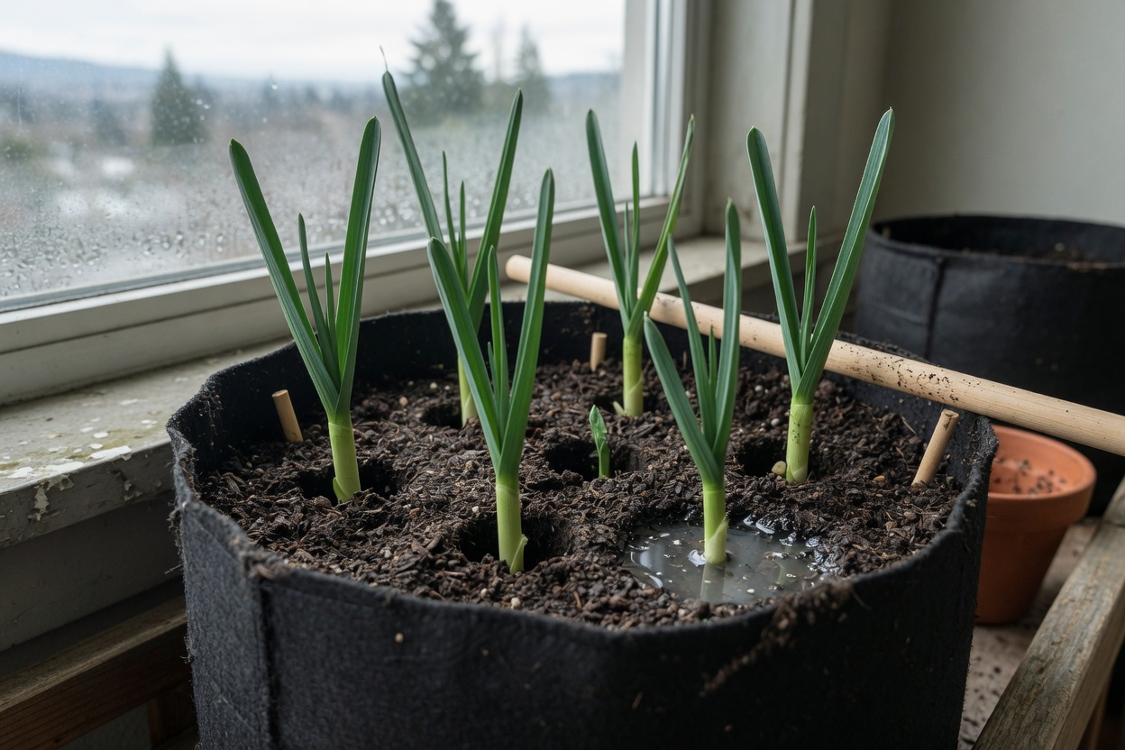 Leek seedlings dropped deep into dibbled holes with a wooden dowel