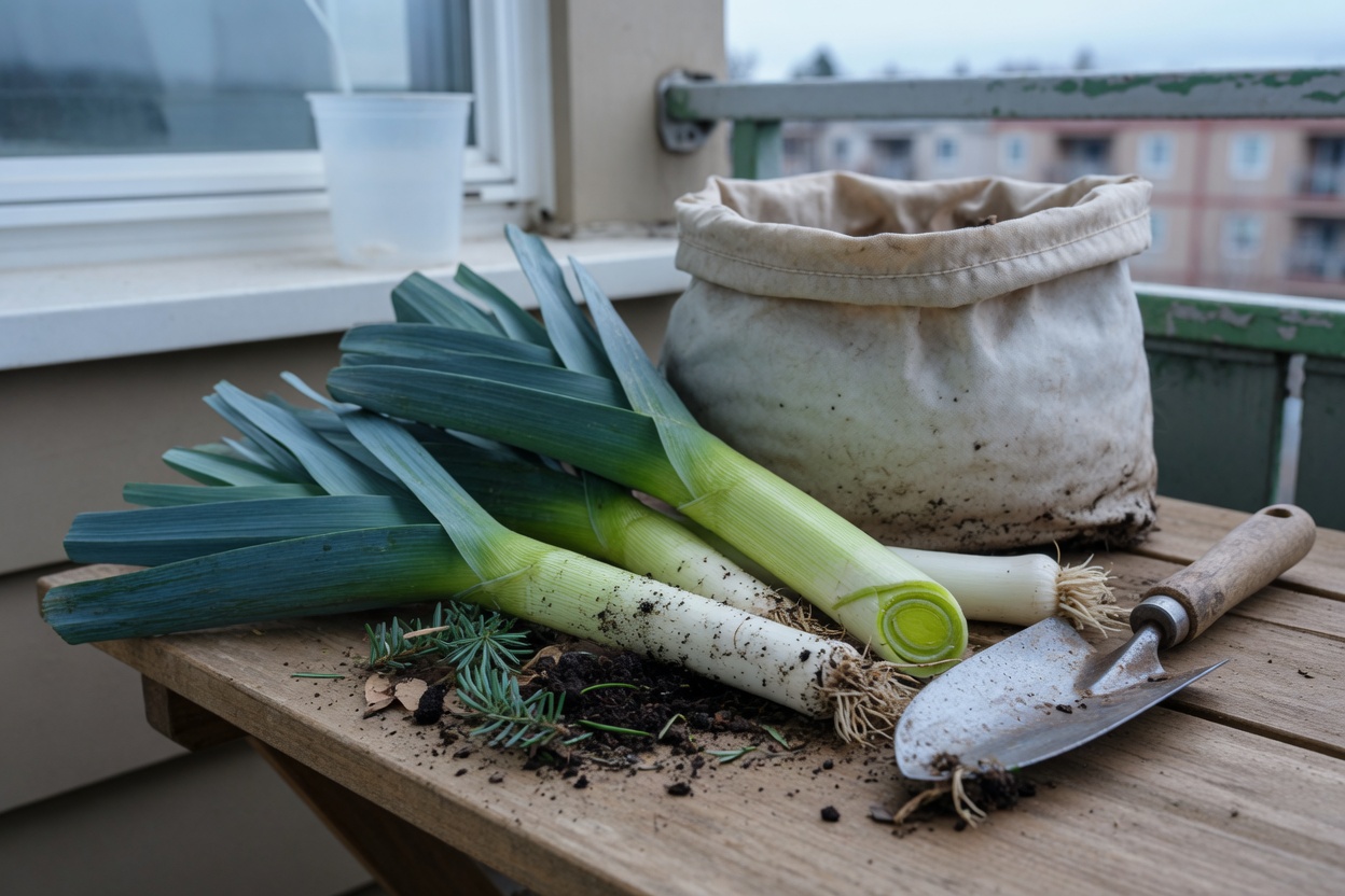 Freshly pulled leeks with long white shanks, one split lengthwise