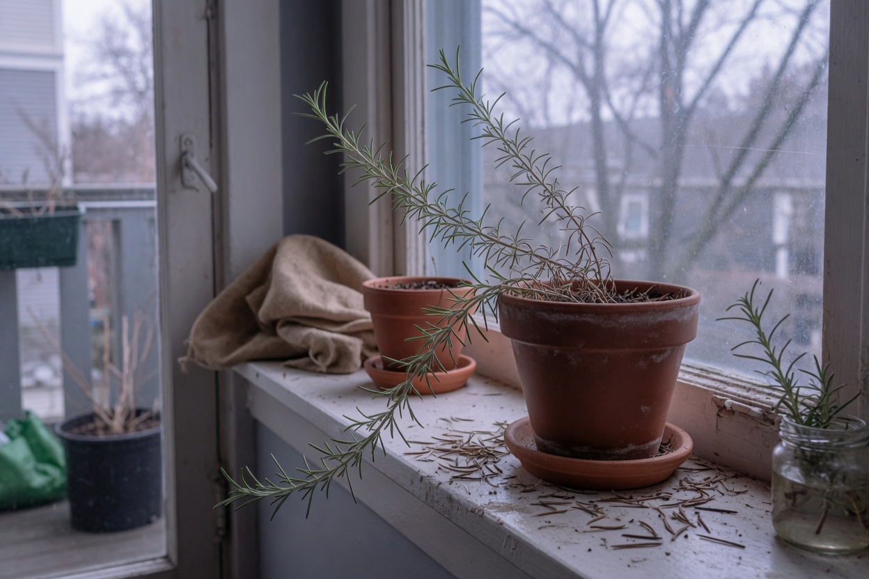 A leggy rosemary dropping needles on a shady winter windowsill