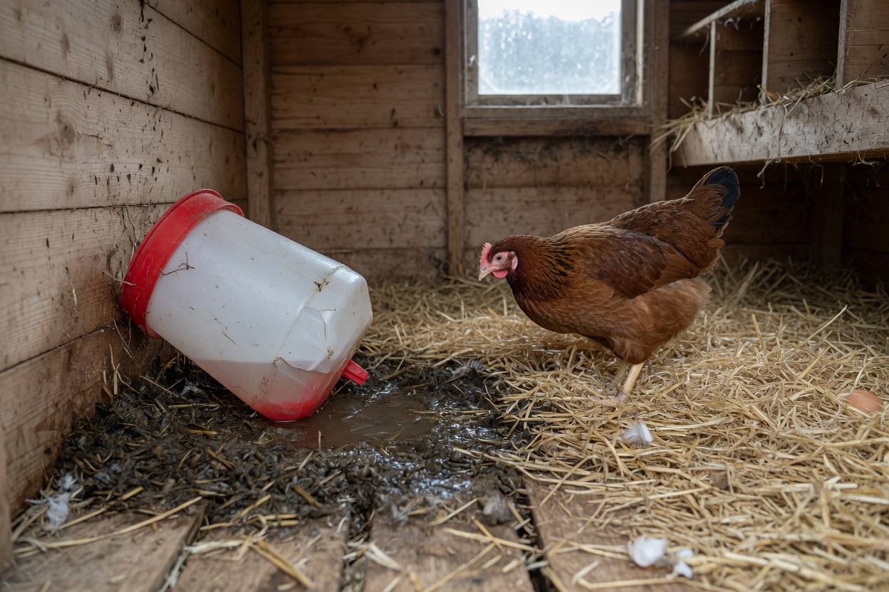 Tipped-over waterer on wet matted bedding in a coop corner next to dry fluffy bedding