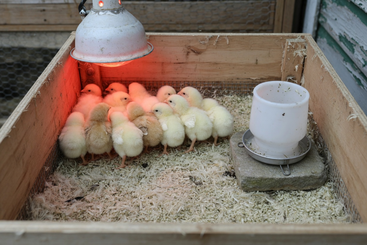 A brooder with the waterer on a raised block at the cool edge, away from the heat lamp