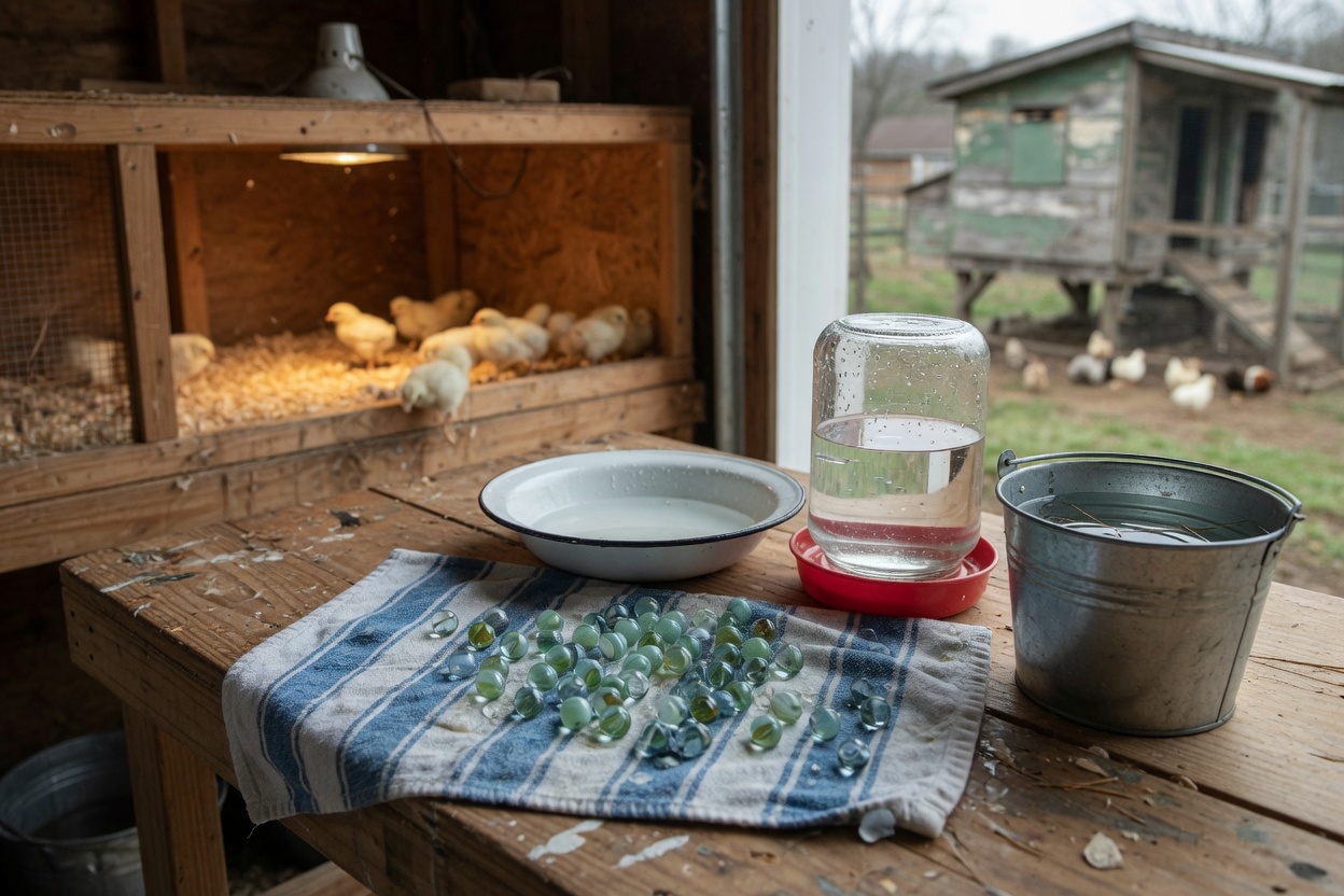 Washed marbles, a rinsed dish and a refilled waterer for the daily brooder routine