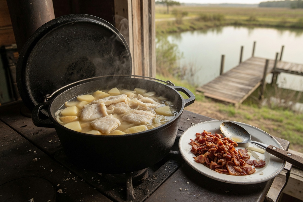 Chunks of panfish set on simmering potatoes in a Dutch oven beside a plate of crisp bacon