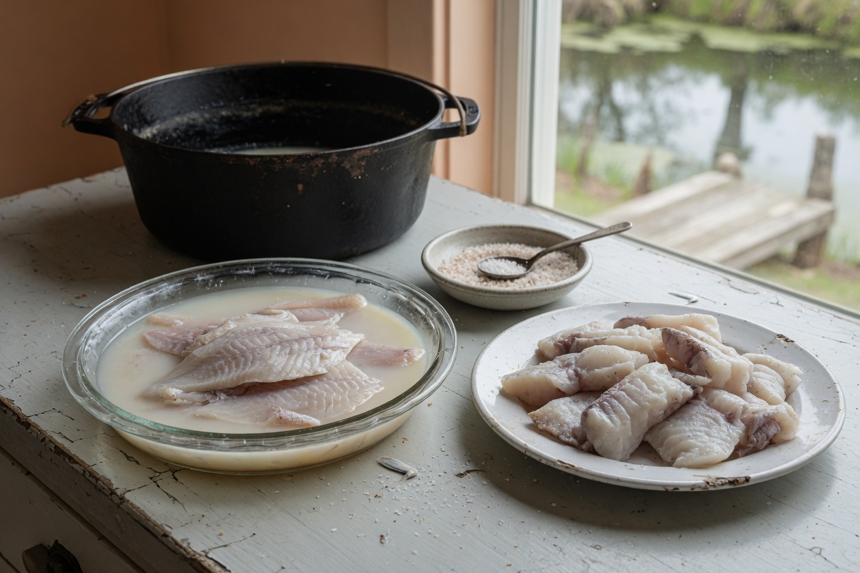 Panfish fillets soaking in milk beside a plate of firmer fish chunks