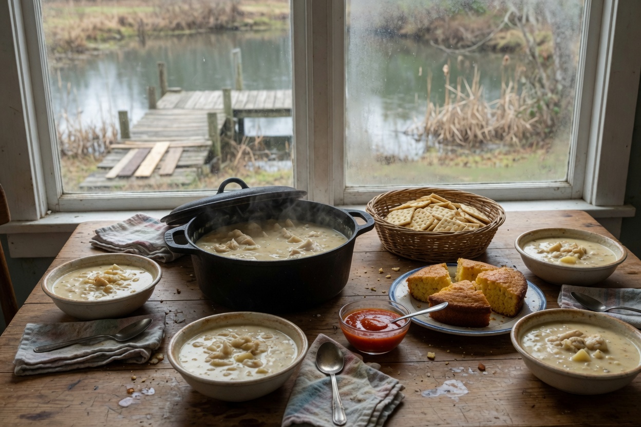 Supper table set with bowls of fish chowder, cornbread, saltines and hot sauce