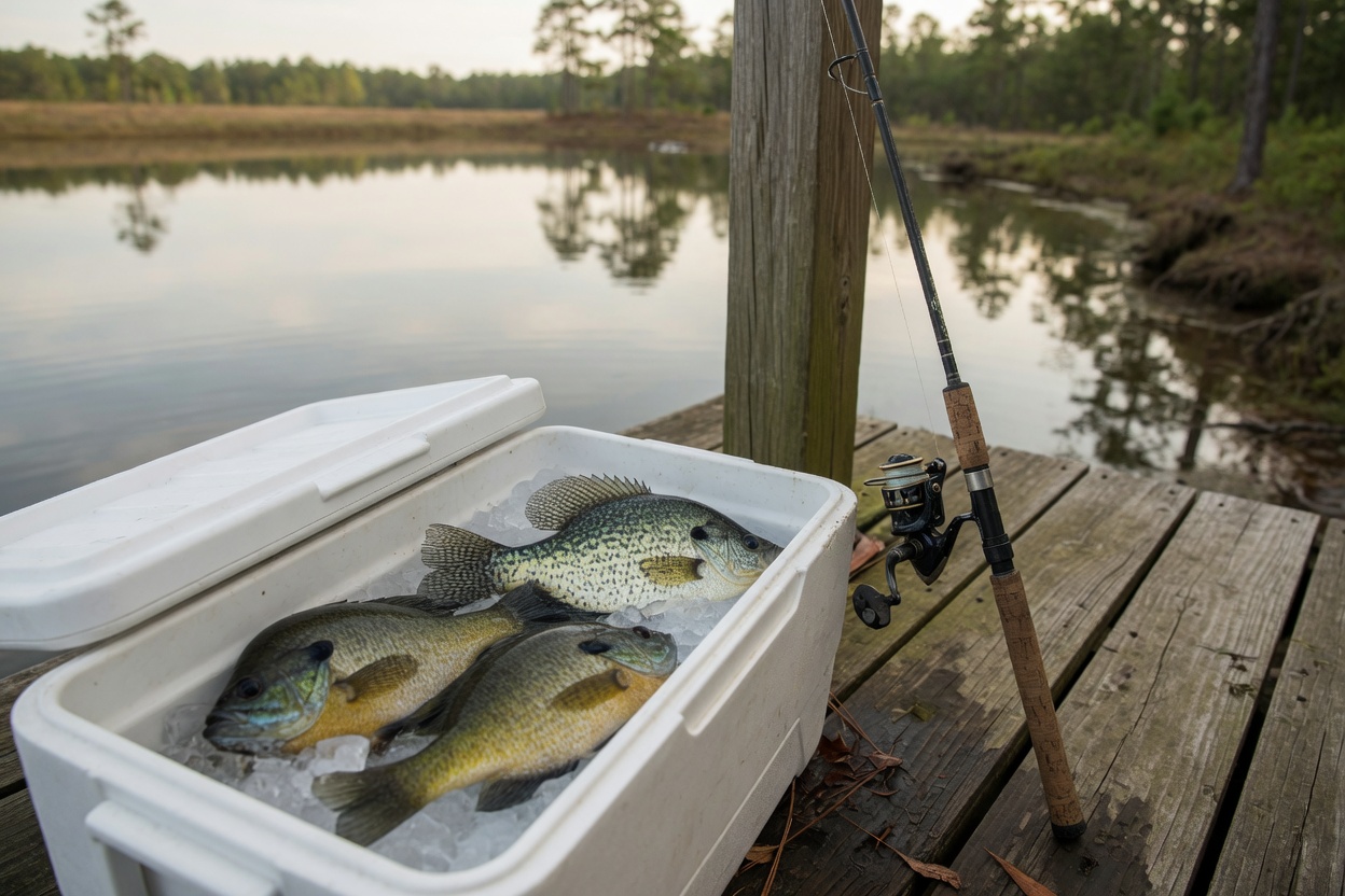 Cooler of bluegill and crappie on ice on a pond dock with a spinning rod leaning on a post