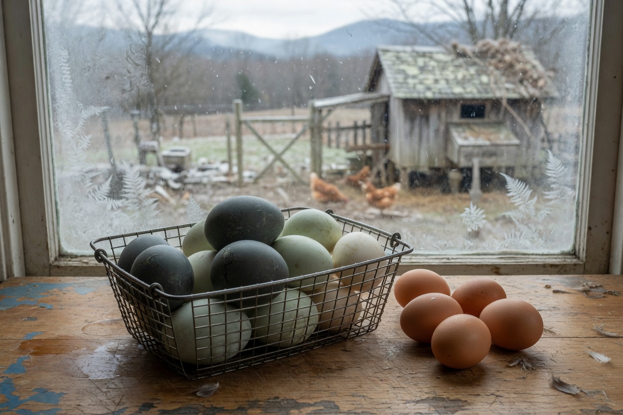 Wire basket of charcoal and pale duck eggs beside smaller brown chicken eggs on a winter windowsill