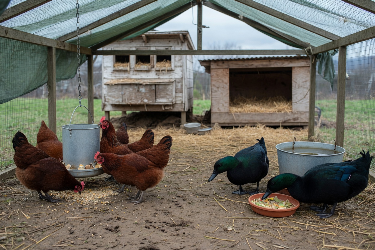 Hens at a hanging feeder and Cayuga ducks at their own separate feed dish in a shared covered run