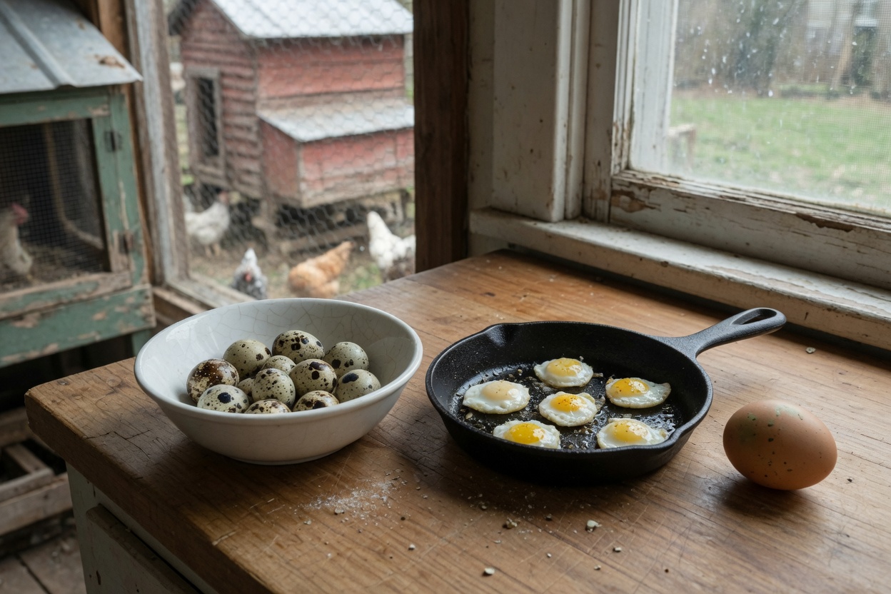 A bowl of tiny speckled quail eggs, several cracked into a skillet beside one chicken egg