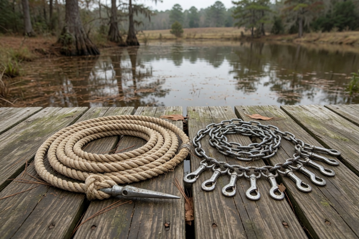 A rope stringer and a chain stringer with snap clips on the dock