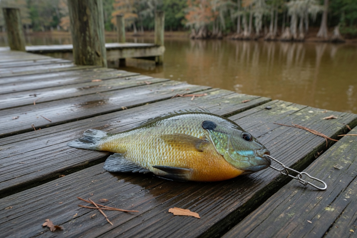 A stringer clip passed through a bluegill's lower lip, clear of the gills