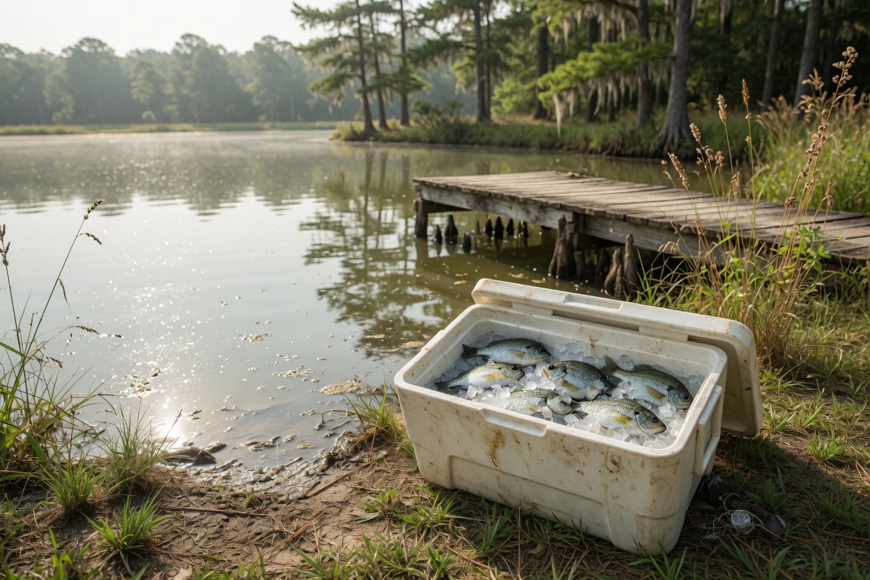 A cooler of iced fish on a hot summer pond bank